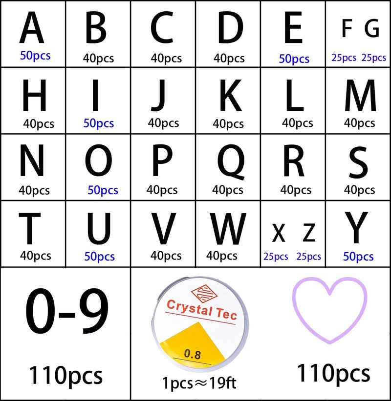 nikkiGuo 1250 PCS Letter Beads Kit with Elastic Cord – Alphabet A–Z, Numbers, Heart, Moon, Star, Smiley Beads for Friendship Bracelets & DIY Jewelry (White Beats & Black Letters) - Image 3